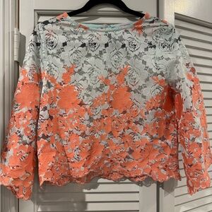 Anthropologie Eva Franco sz SM Orange and White Lacey Floral Bell Sleeve Blouse